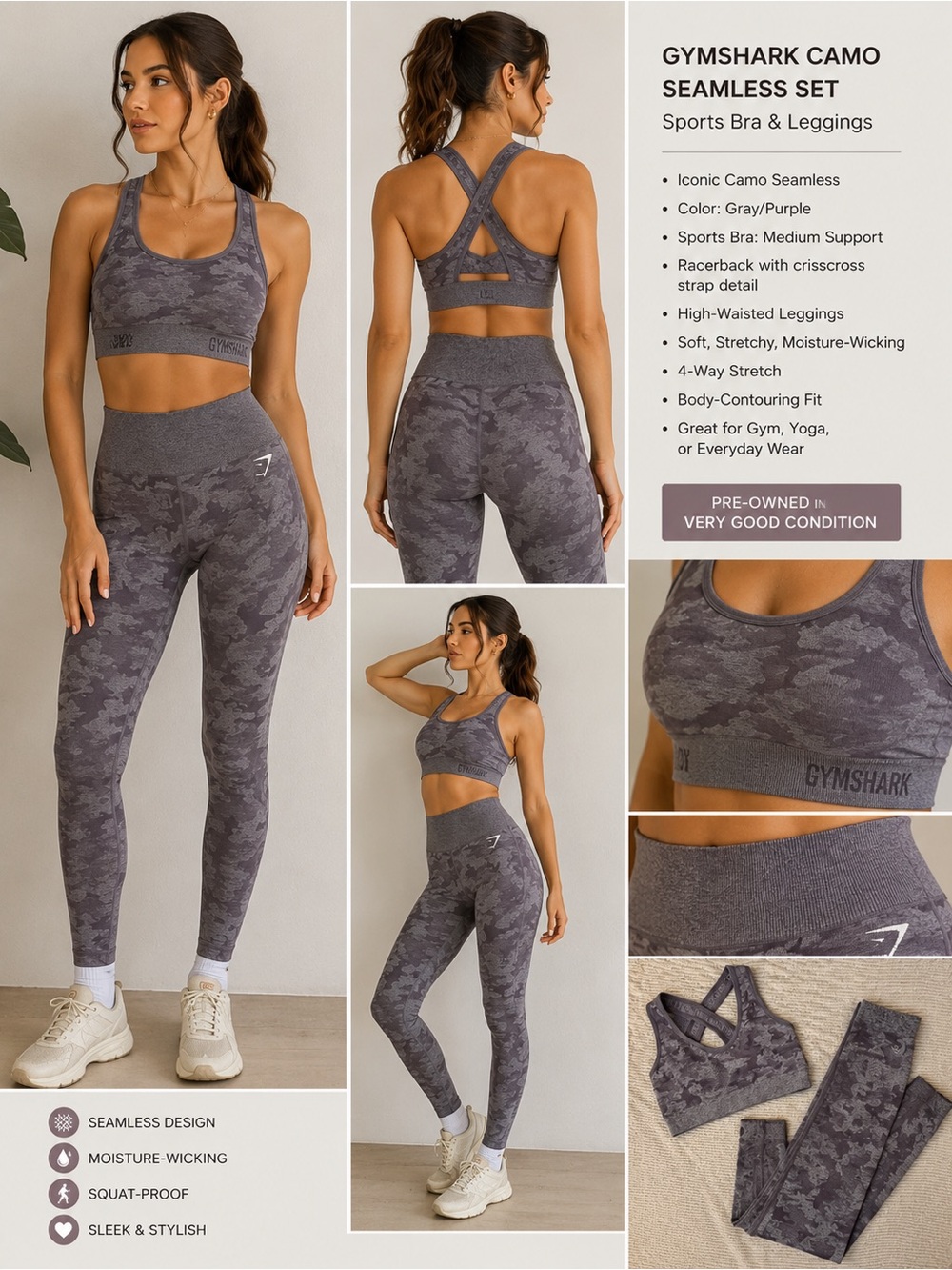 Gymshark Gray Purple Camo Seamless Sports Bra & Leggings Set
